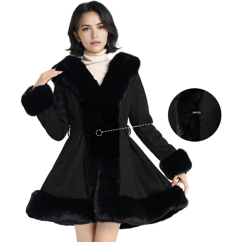 Women’s Black  Winter Faux Fur Leather Coat with Belt Long Sleeve Peplum - Picture 2 of 5